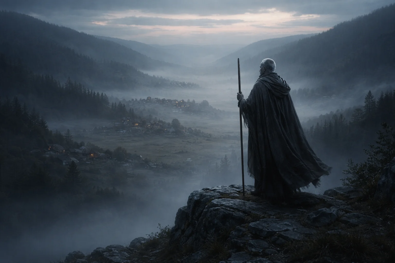 A solitary, weathered figure on a rocky overlook at dawn, holding a staff and facing a misty valley with scattered settlements—suggesting embodied responsibility and localized order.