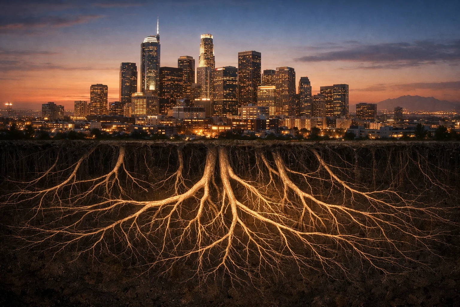 A calm city at dusk shown above ground, with a delicate root-like network beneath the surface.