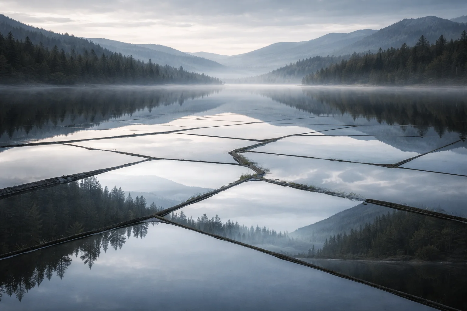 Fragmented reflective landscape showing multiple slightly different horizons