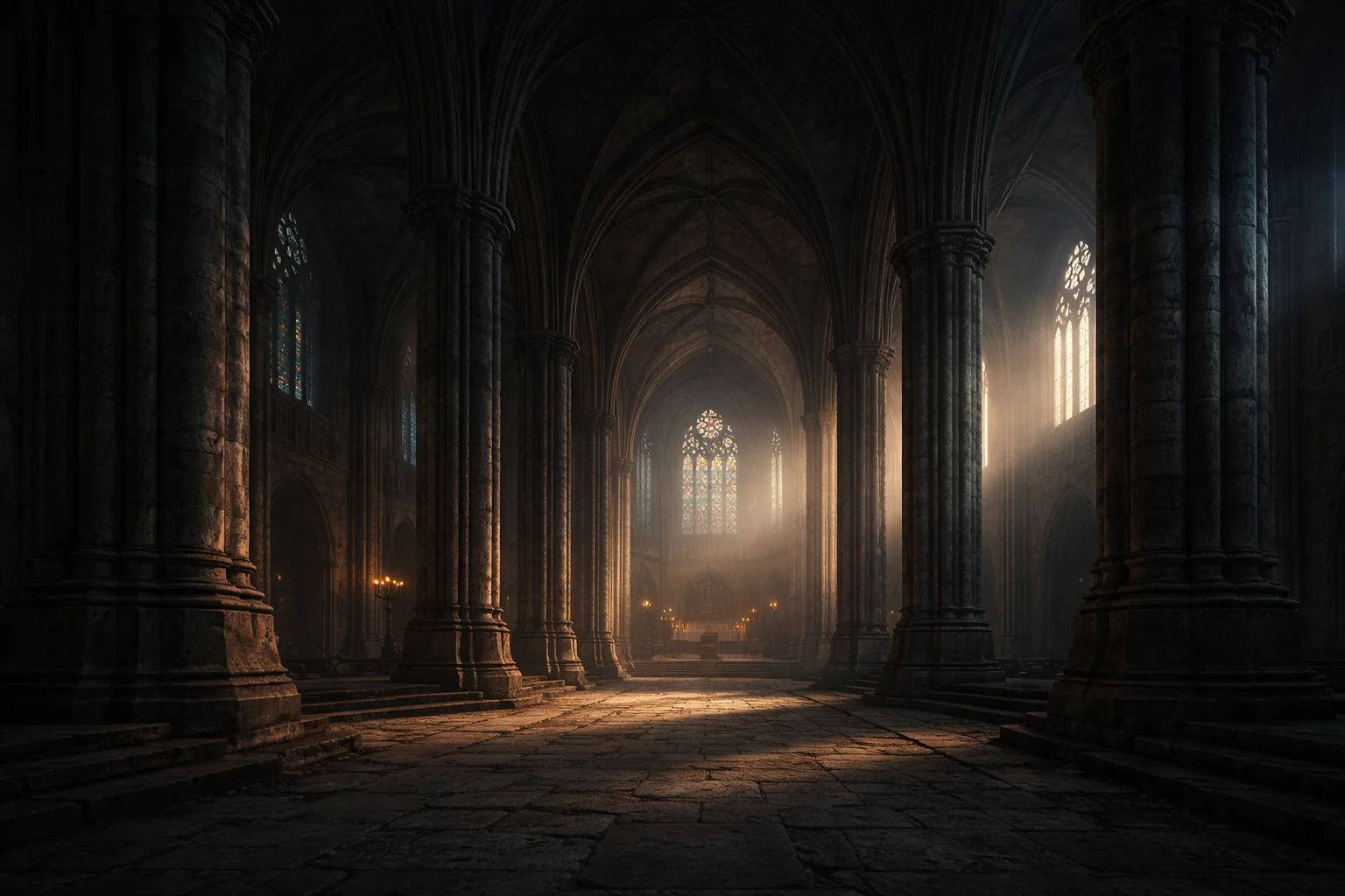 A monumental cathedral interior at dusk with long shadowed columns and a calm atmosphere—suggesting structural load becoming visible without collapse.